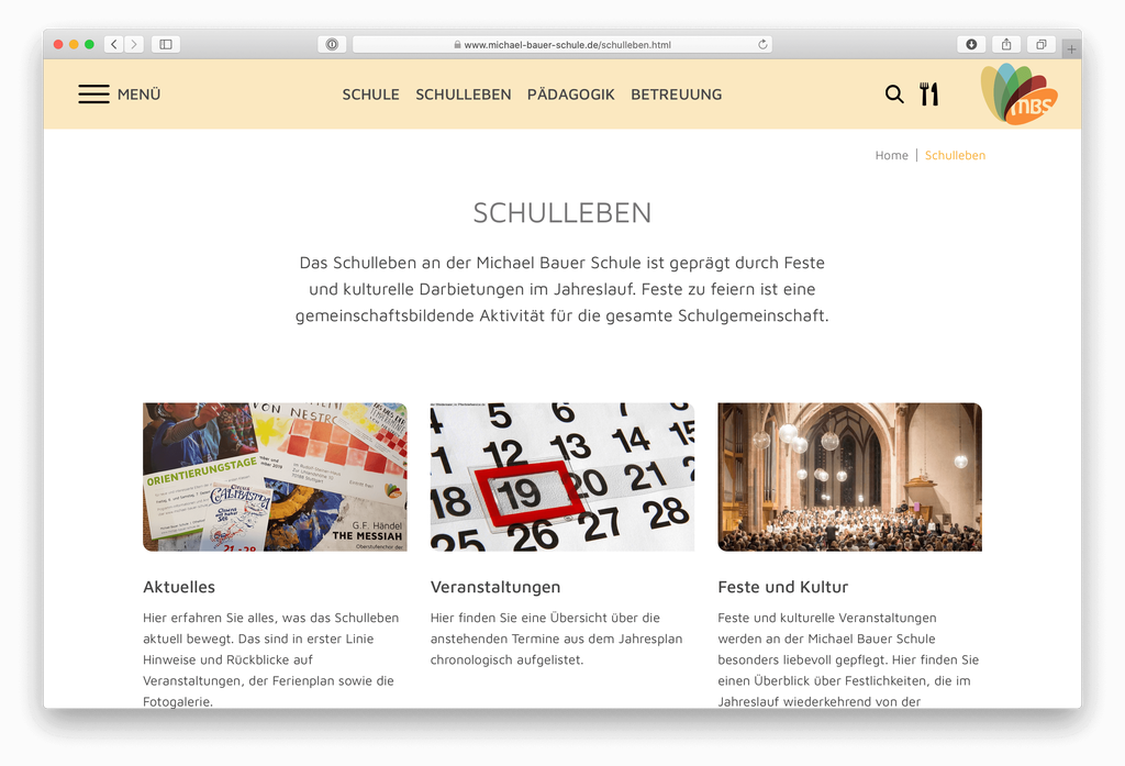 Webdesign einer Unterseite der Michael Bauer Schule in Stuttgart