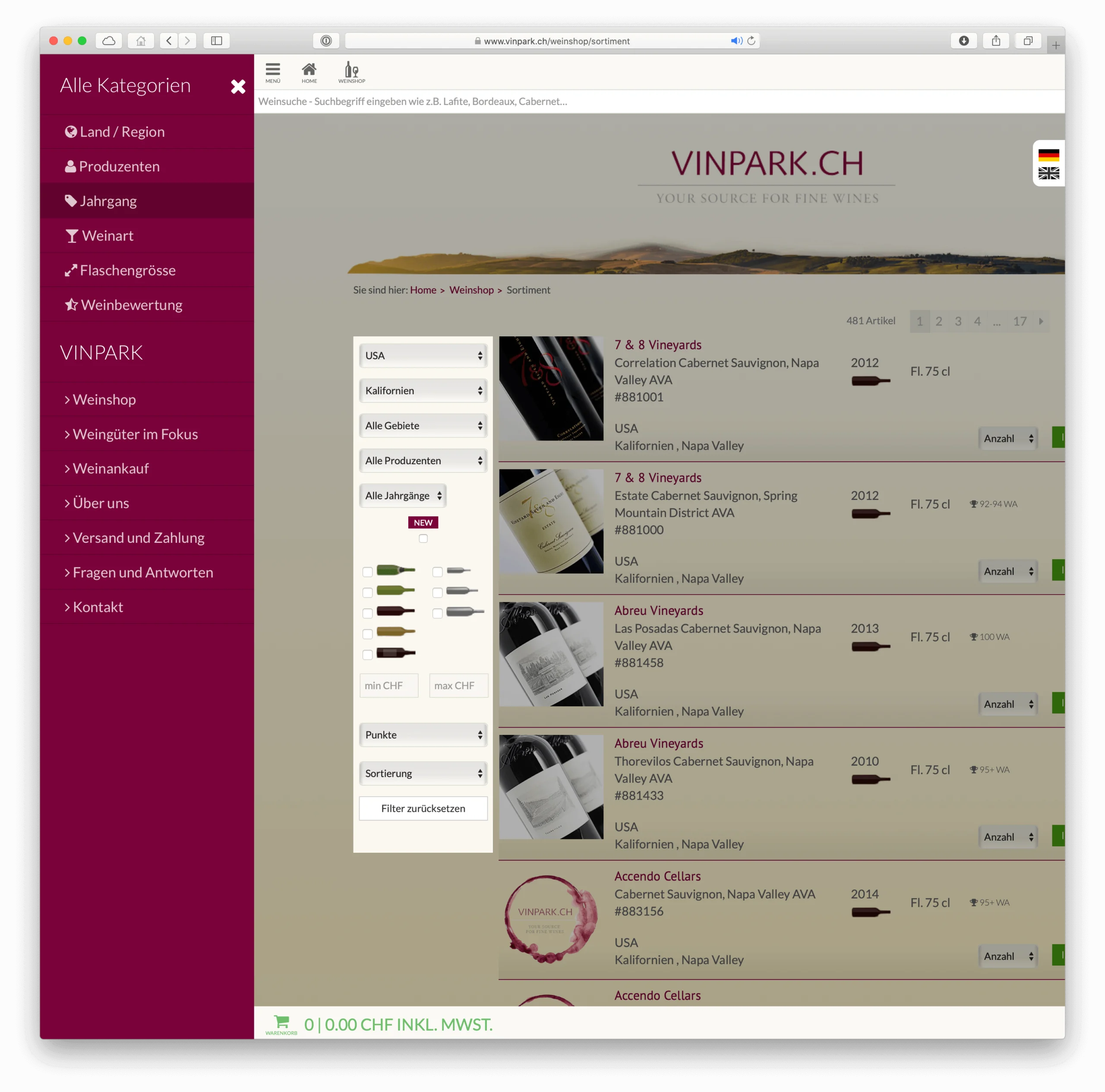 Webdesign Weinshop Listenansicht