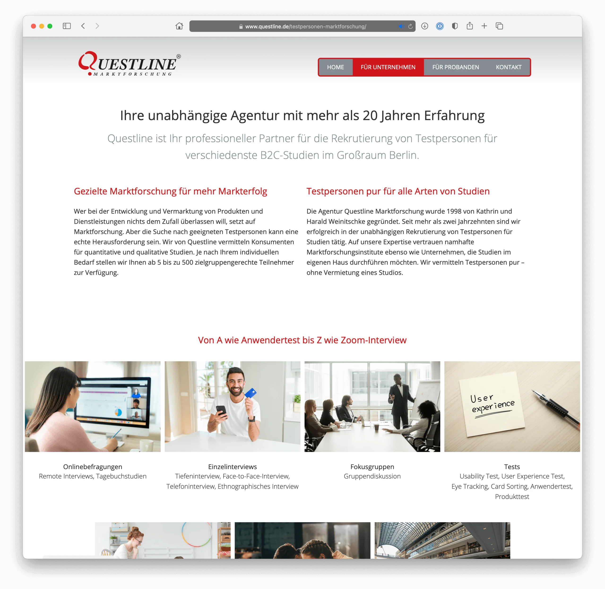 Webdesign der Startseite in der Desktopansicht