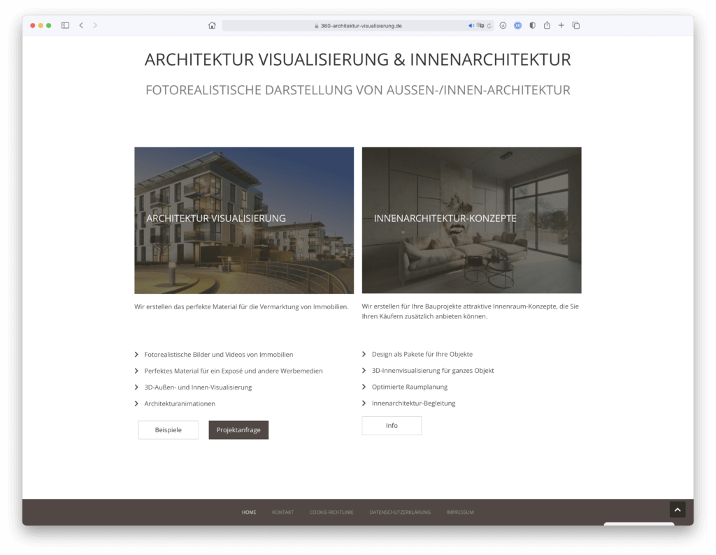 Webdesign einer Unterseite im Bereich Architekturvisualisierung