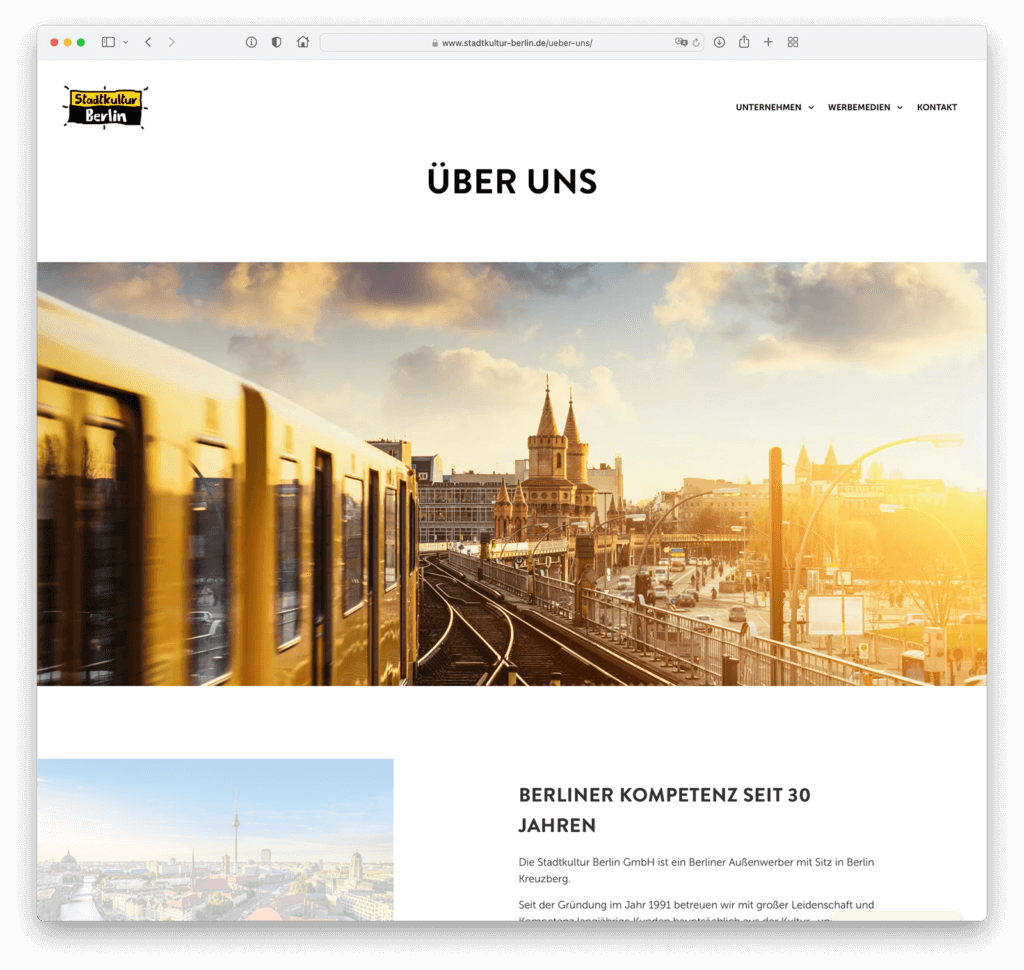 Webdesign - Über uns Seite der Stadtkultur Berlin Website