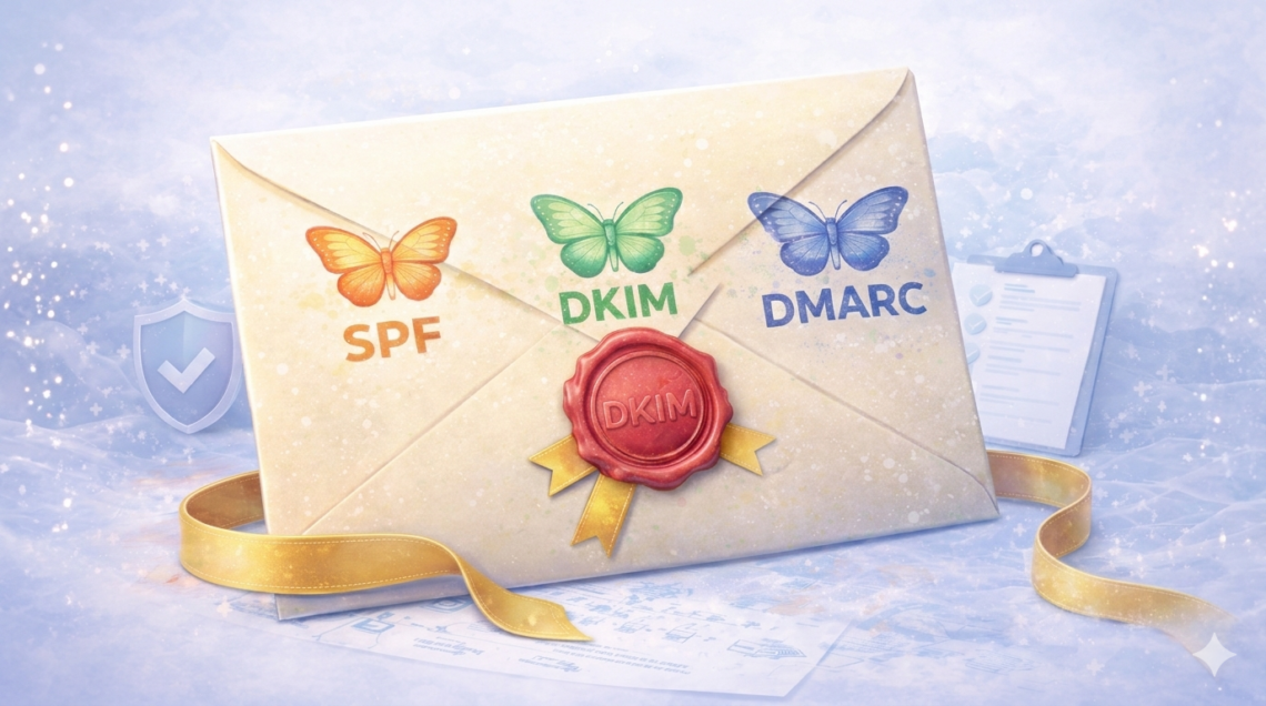 Alt-Text Vorschlag: Illustration eines Briefumschlags mit drei Schmetterlingsstempeln für SPF, DKIM und DMARC sowie rotem Wachssiegel mit der Aufschrift DKIM als Symbol für E-Mail-Sicherheit.