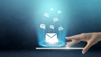 Double exposure of hand touching of email marketing, sending an email or newsletter, innovation Double exposure of hand touching of email marketing, sending an email or newsletter, innovation