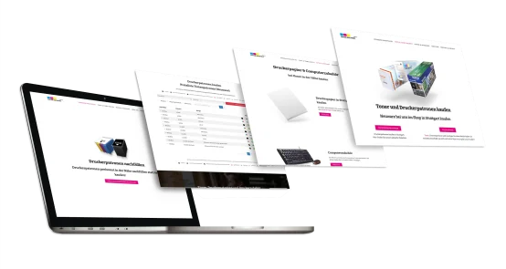 Laptop mit Webdesign Schichten die aus dem Bildschirm ragen von unserer Webdesign Agentur erstellt.